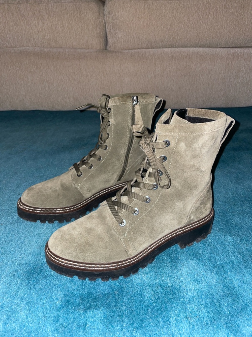 Light Green Suede Lace-Up Combat Boots